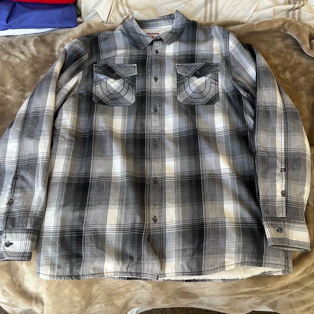 True Religion Men Flannel sherpa lined jacket shirt button Up